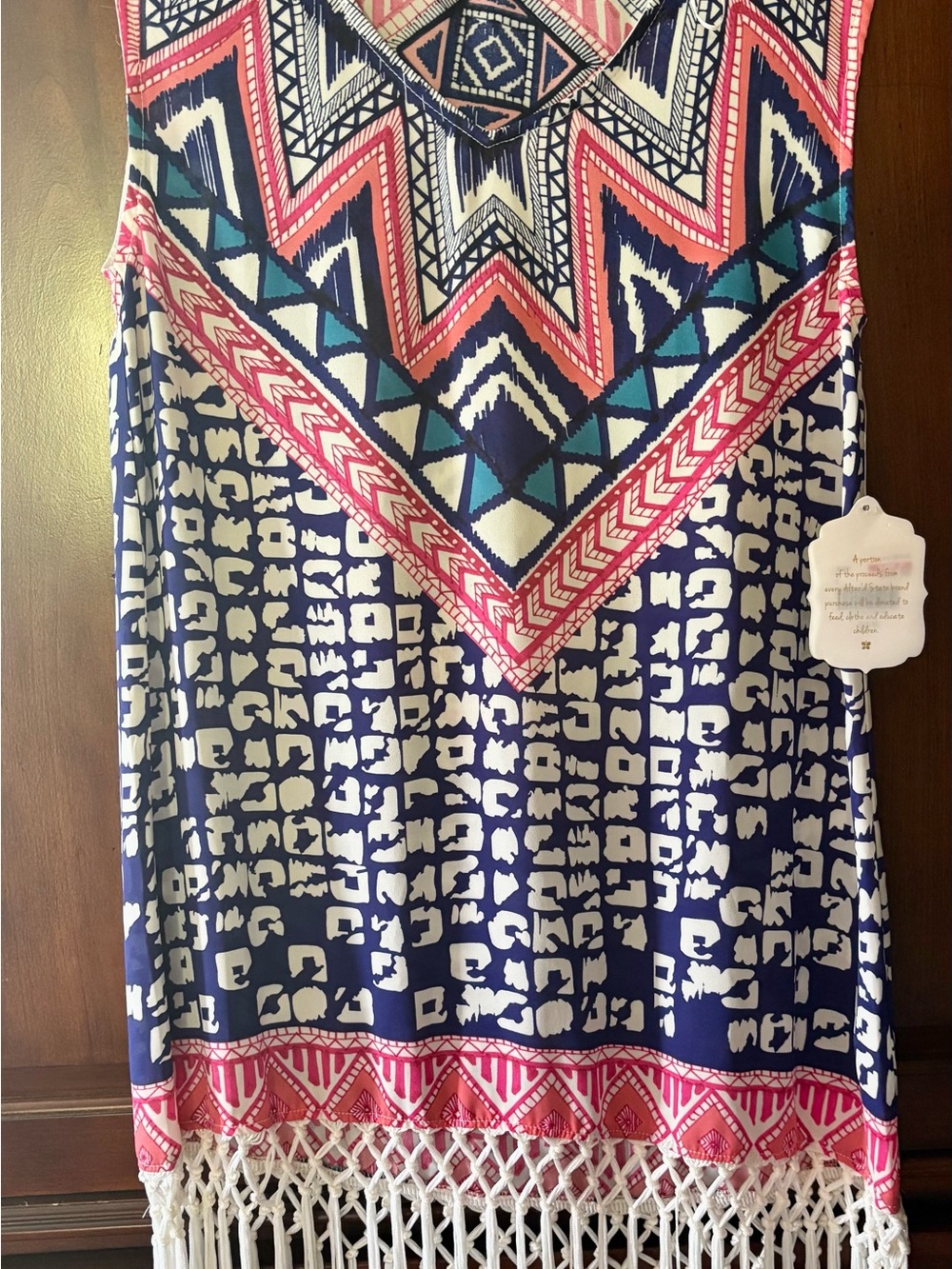 Altar'd State Navy, Coral & Teal Aztec-Print Mini Skirt with Fringe